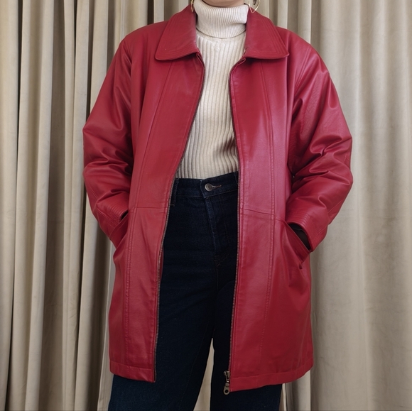 Vintage Venezia Red Genuine Leather Jacket Trench - Picture 2 of 8